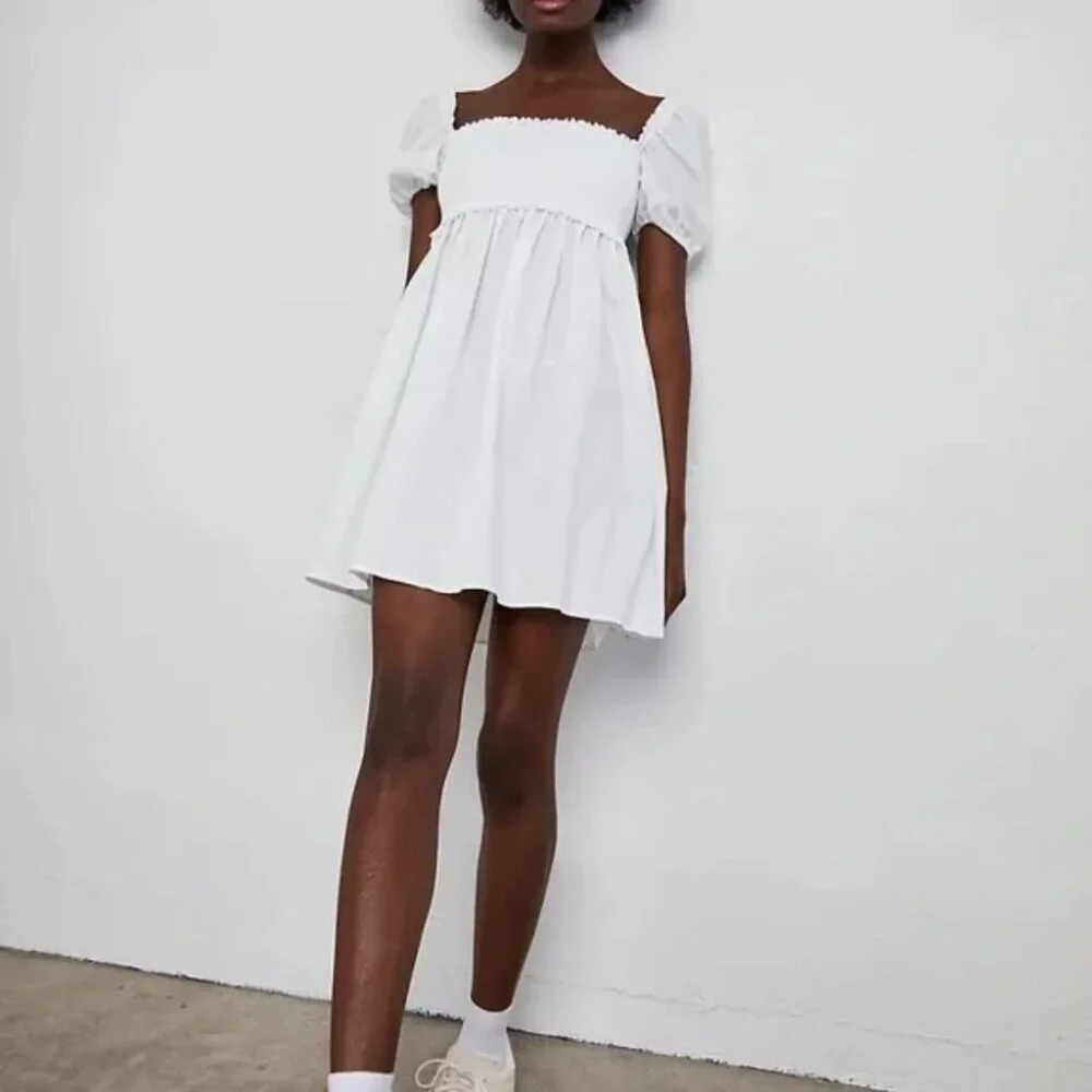 Aritzia Sunday Best Hadley Puff Sleeve Babydoll Poplin Mini Dress White Sz Small